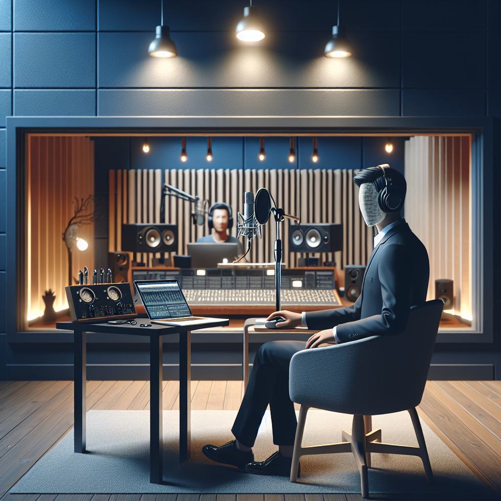 אולפן הקלטות מקצועי עם מגיש פודקאסט מאחורי מיקרופון, טכנאי מאחורי חלון זכוכית וציוד אודיו מתקדם, המשדרים אווירה מקצועית להפקת פודקאסט איכותי.