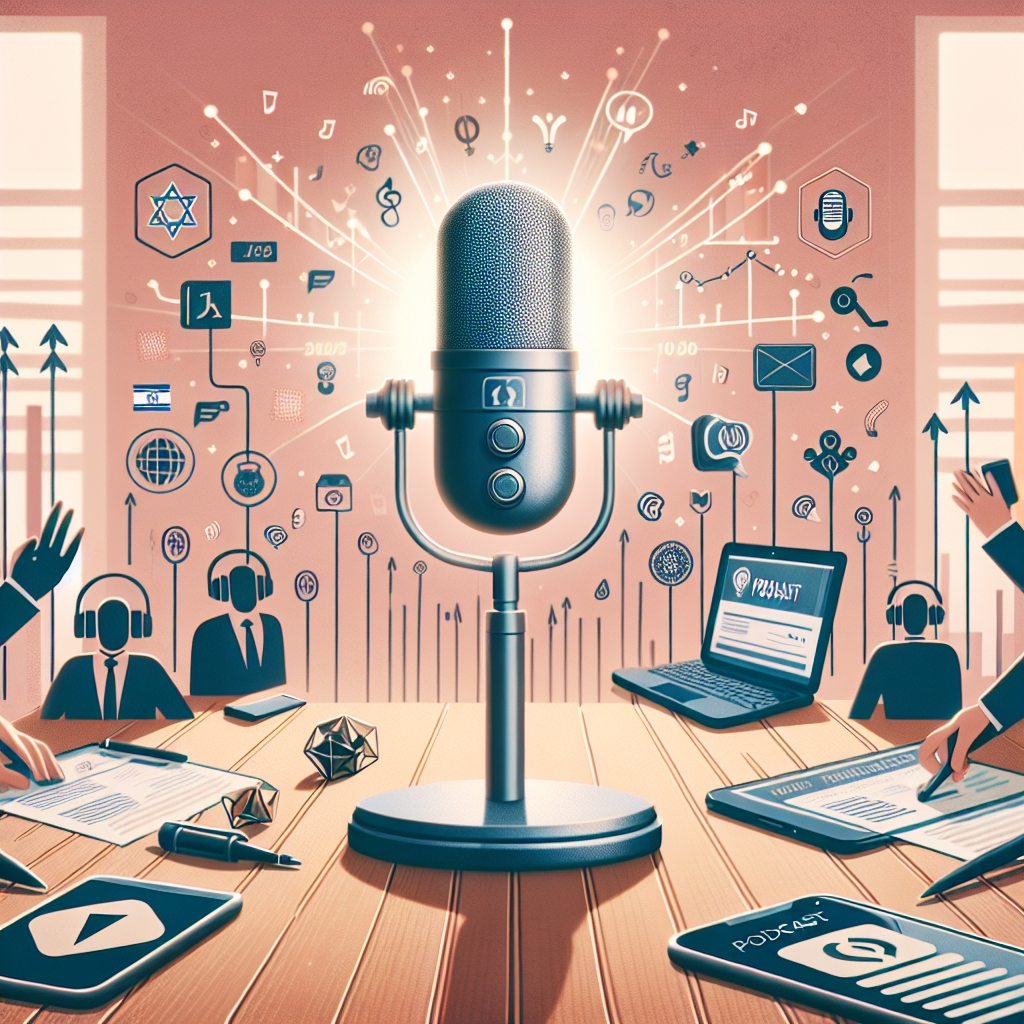 איור של מיקרופון מודרני במרכז שולחן עבודה מוקף באנשים מאזינים לפודקאסט, עם סמלי פודקאסטים ואלמנטים של הצלחה עסקית ברקע. התמונה ממחישה את השפעת הפודקאסטים על הצלחה עסקית ומיתוג בישראל.