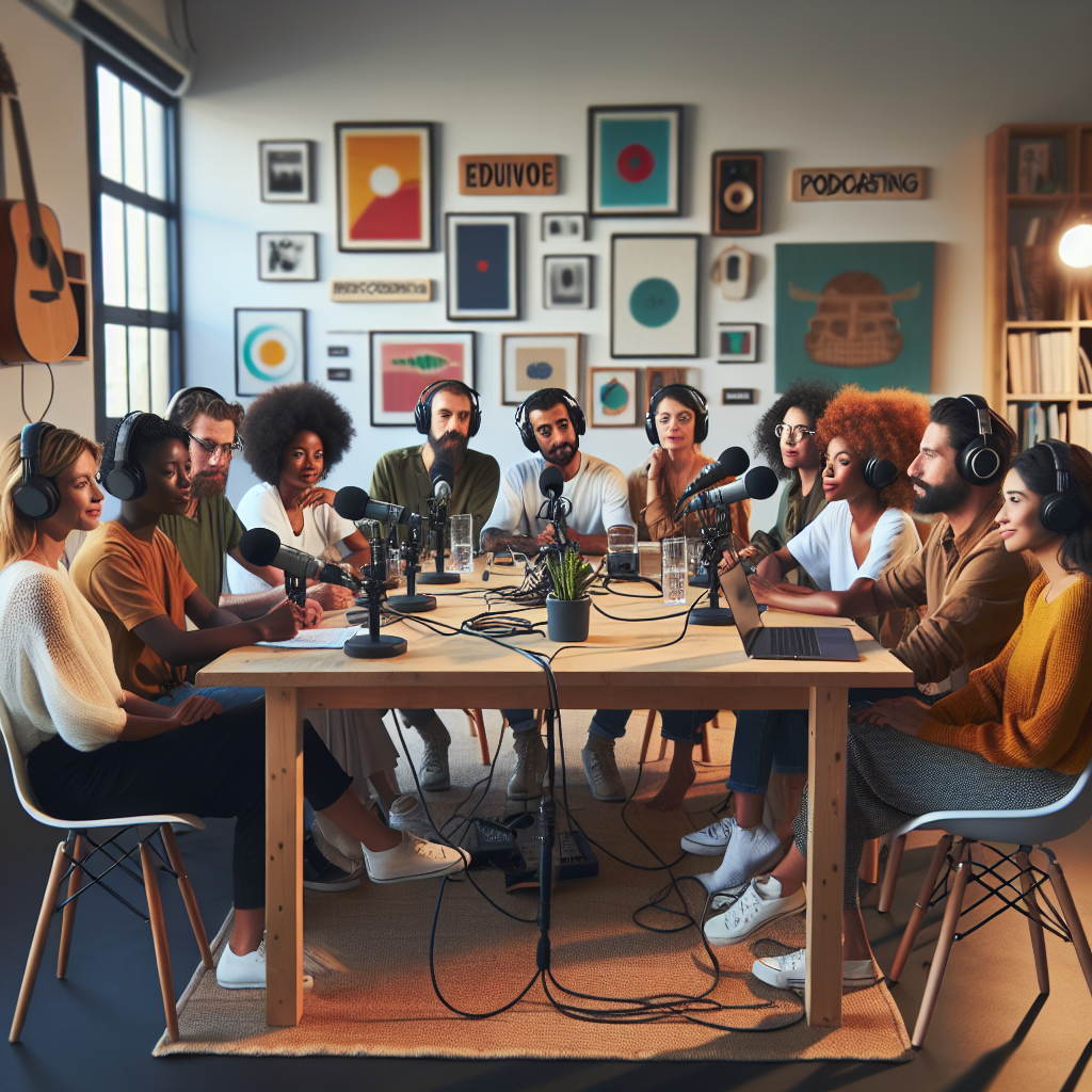 אנשים מקליטים פודקאסט באולפן מקצועי בישראל, יושבים סביב שולחן עם מיקרופונים, אוזניות ומחשב, מסמלים התחלה מוצלחת של פודקאסט בתחום התוכן הדיגיטלי.