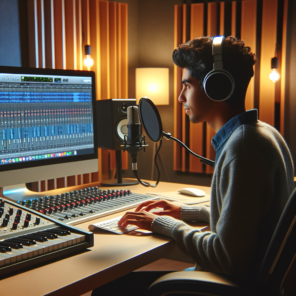 מוזיקאי יוצר סינגל חדש באולפן הקלטות מקצועי, מוקף בציוד הקלטה מתקדם ומערכת סאונד איכותית, משדר יצירתיות ובחירה נכונה של אולפן הקלטות.