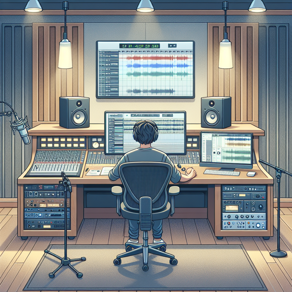 טכנאי מוזיקה עובד באולפן הקלטות מקצועי עם ציוד מתקדם, כולל מיקסרה, מיקרופון איכותי וקירות אקוסטיים — מבט המשקף את תהליך בחירת אולפני הקלטות ברמה גבוהה