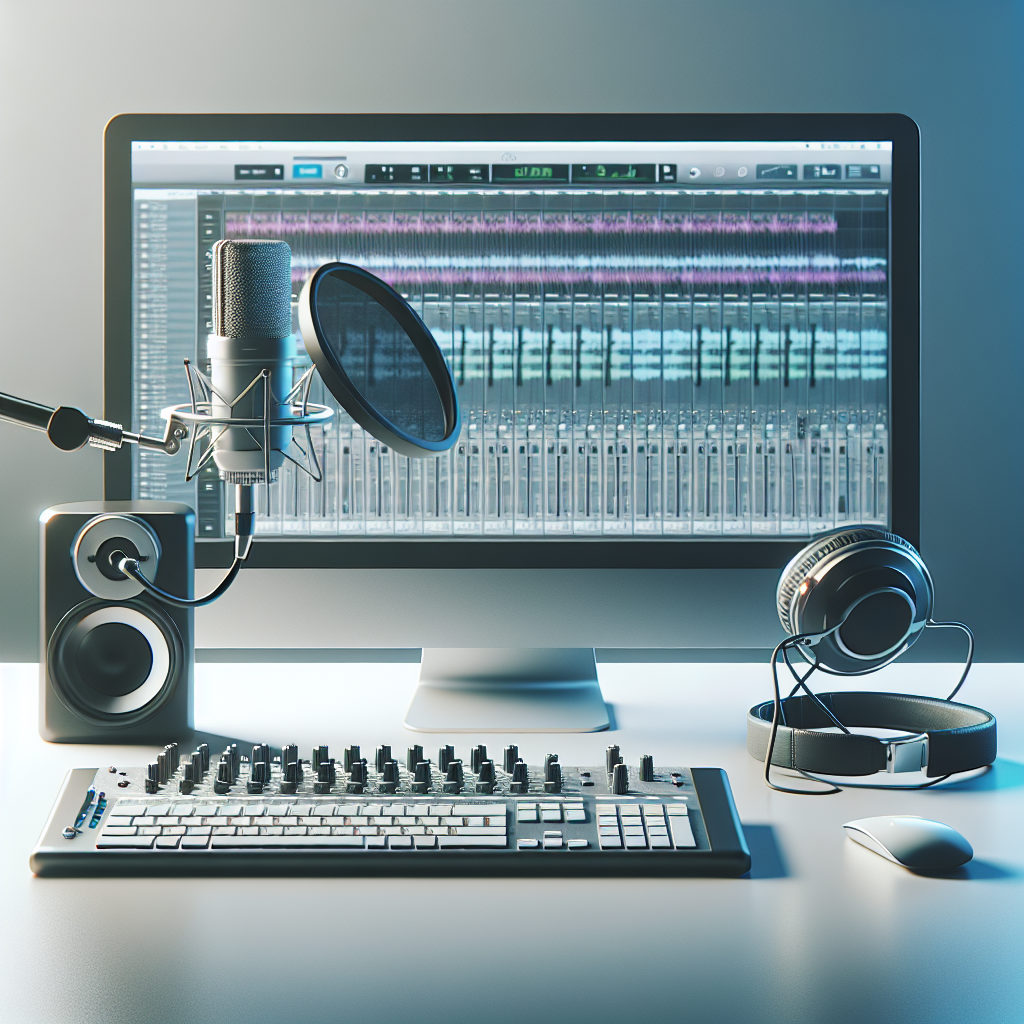 אולפן הקלטות מקצועי עם קונסולת מיקסר, מיקרופון ואביזרי הקלטה, מתאים לבחירת אולפן הקלטות להקלטת שיר ראשון