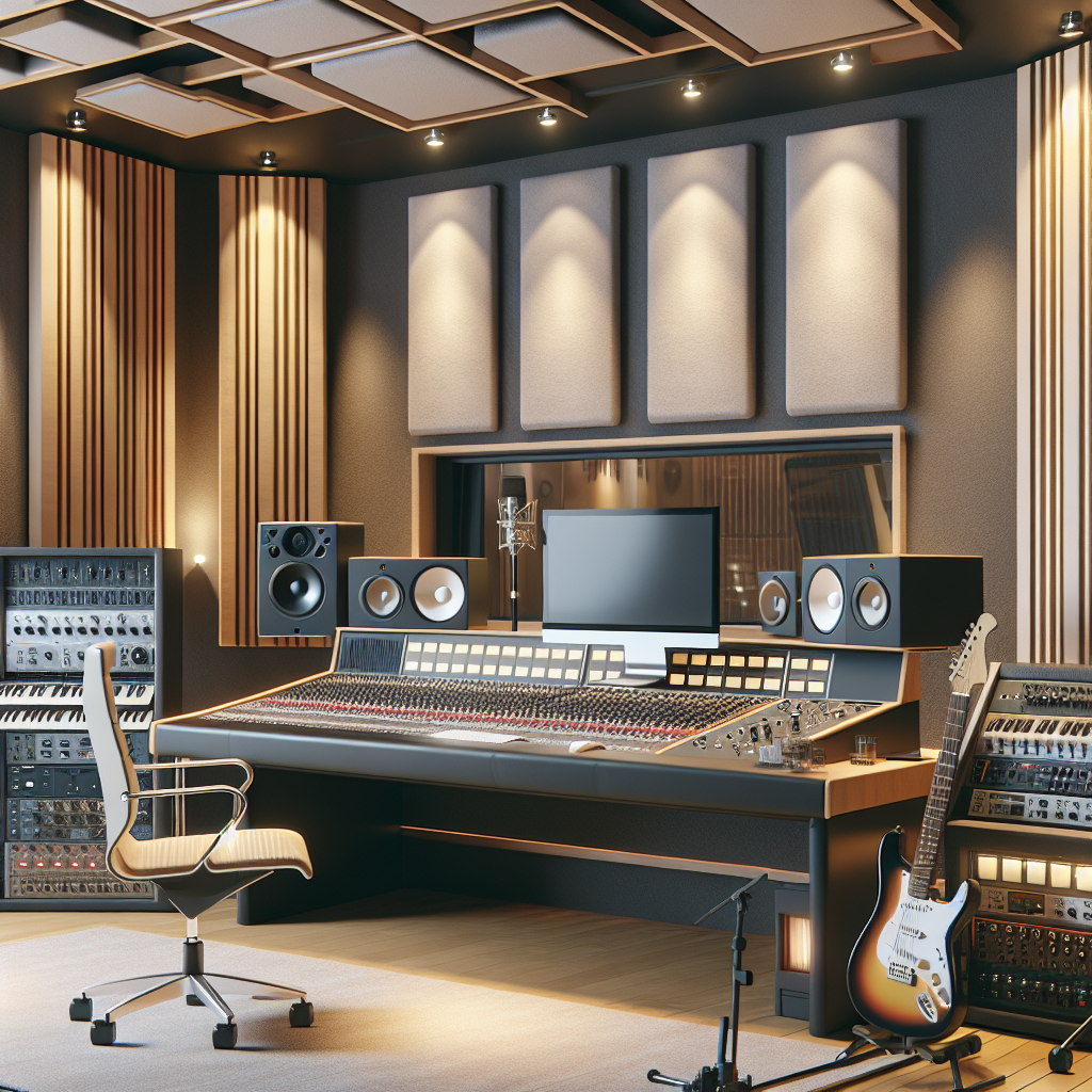 פנים אולפן הקלטות מודרני עם קונסולת מיקסינג מקצועית, ציוד אודיו מתקדם וכלי נגינה כמו גיטרה חשמלית וקלידים, מתאימים למוזיקאים המעוניינים להקליט מוזיקה באולפן איכותי.