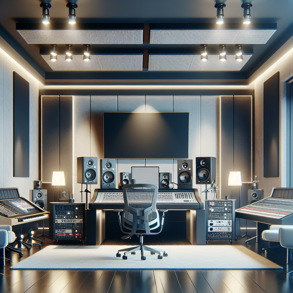 אולפן הקלטות מודרני עם ציוד אודיו מקצועי, מיקרופונים, מסכי מיקסינג ומוניטורים, המספק סביבה אופטימלית להפקת סאונד מושלם