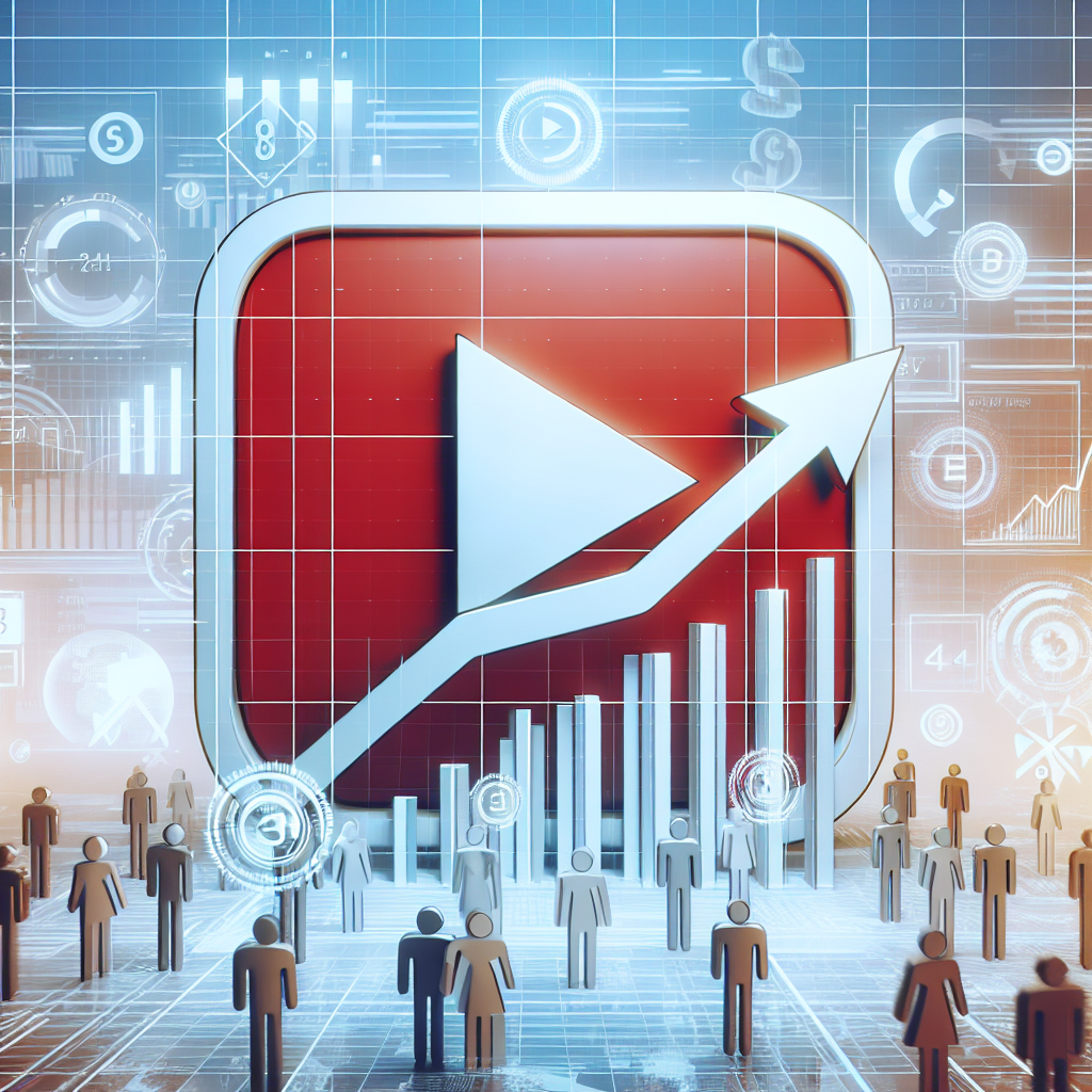גרפיקה מודרנית המציגה סמל יוטיוב עם תרשים צמיחה, מספרי צפיות ולייקים, שממחישה קניית צפיות ביוטיוב וקניית לייקים ביוטיוב כתהליך להאצת התקדמות הערוץ.