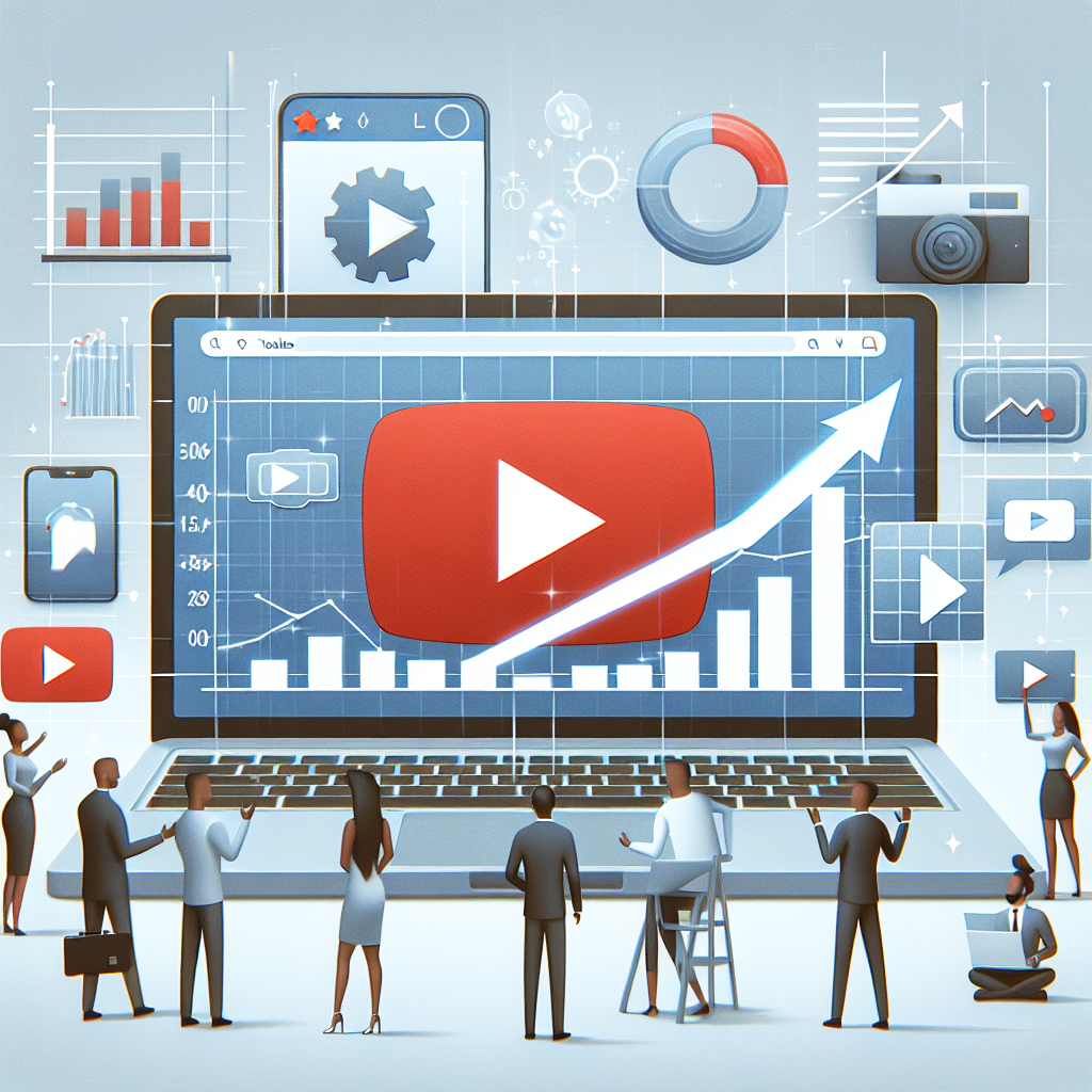 אילוסטרציה של מסך מחשב נייד או טלפון עם לוגו יוטיוב וגרף שמראה עלייה בצפיות ולייקים, סמלים של אנליטיקה וצמיחה ביוטיוב, ללא אנשים ברקע
