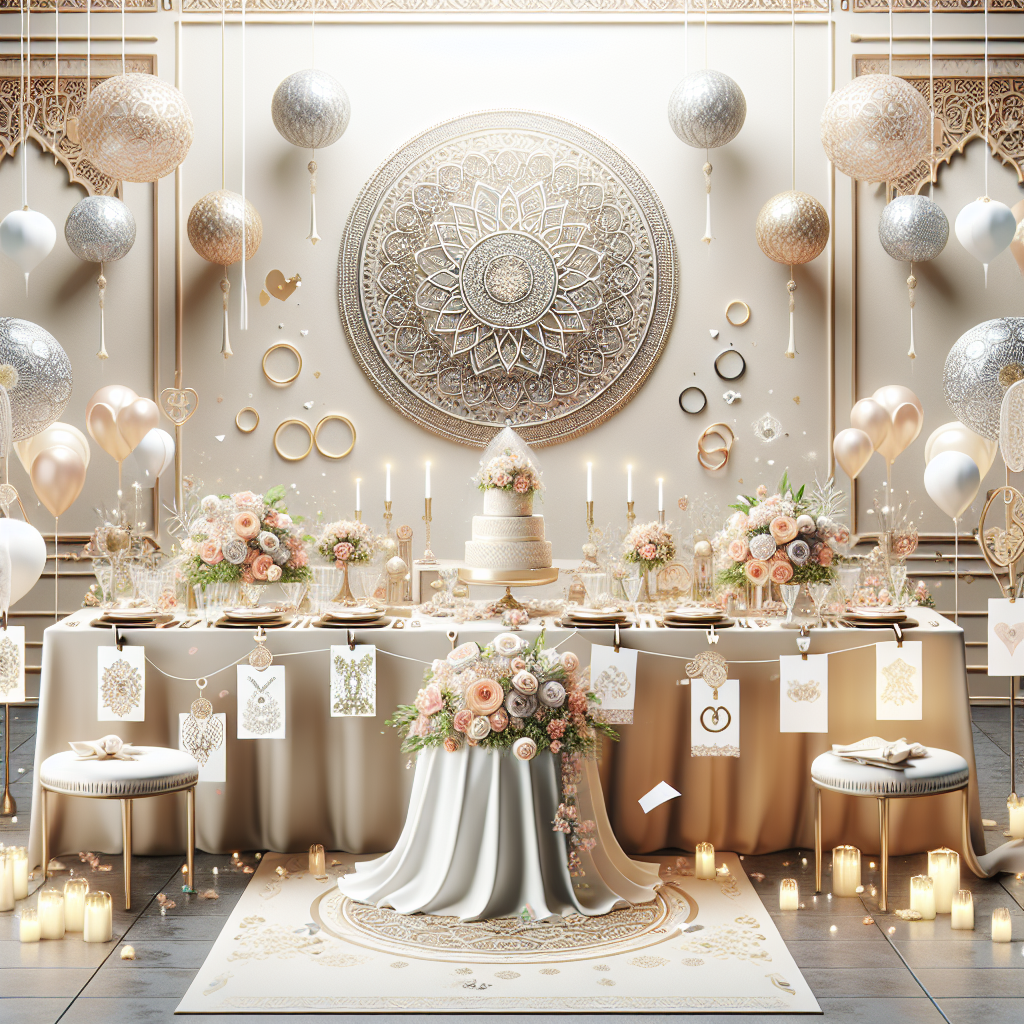 כרטיסי ברכה מעוצבים לחתונה מונחים על שולחן חגיגי לצד טבעות נישואין וזרי פרחים, רקע אלגנטי שמתאים לאירוע חתונה.