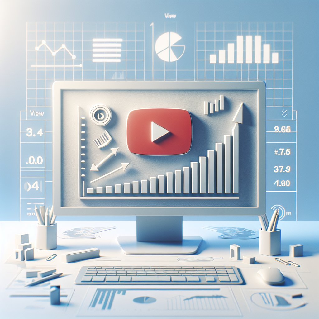 מסך מחשב שמציג את לוגו יוטיוב וגרפים עם נתוני צפיות עולים, הממחישים קניית צפיות אמיתיות ביוטיוב והצלחת קידום ערוץ.