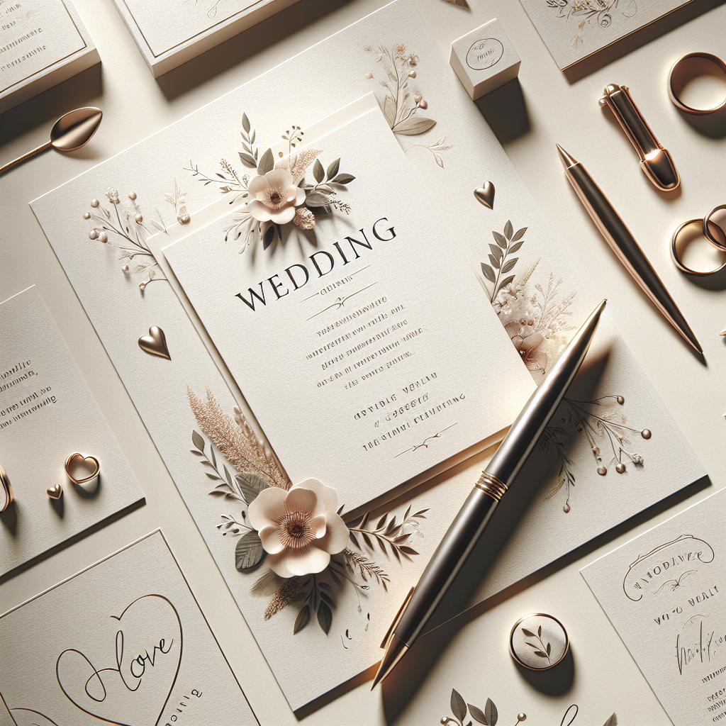 כרטיס ברכה לחתונה מעוצב מונח על שולחן לצד עט אלגנטי, כיתוב אומנותי על הכרטיס וסמלים עדינים של אהבה וטבעות נישואין – רעיון מקורי לברכה לחתונה