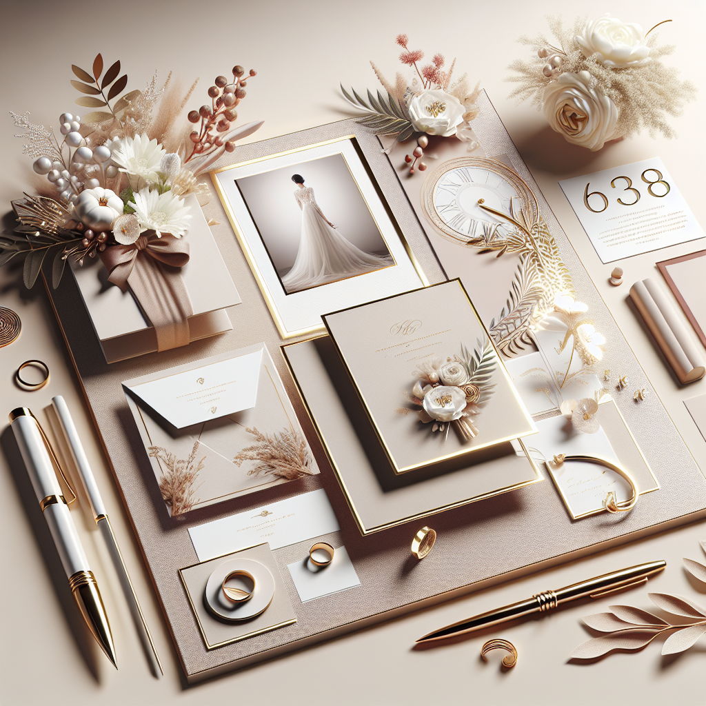כרטיסי ברכה מהודרים, עט יפה וטבעות חתונה מונחים זה לצד זה על רקע אלגנטי עם זר פרחים, המשדרים אווירה מרגשת של ברכה לחתונה.