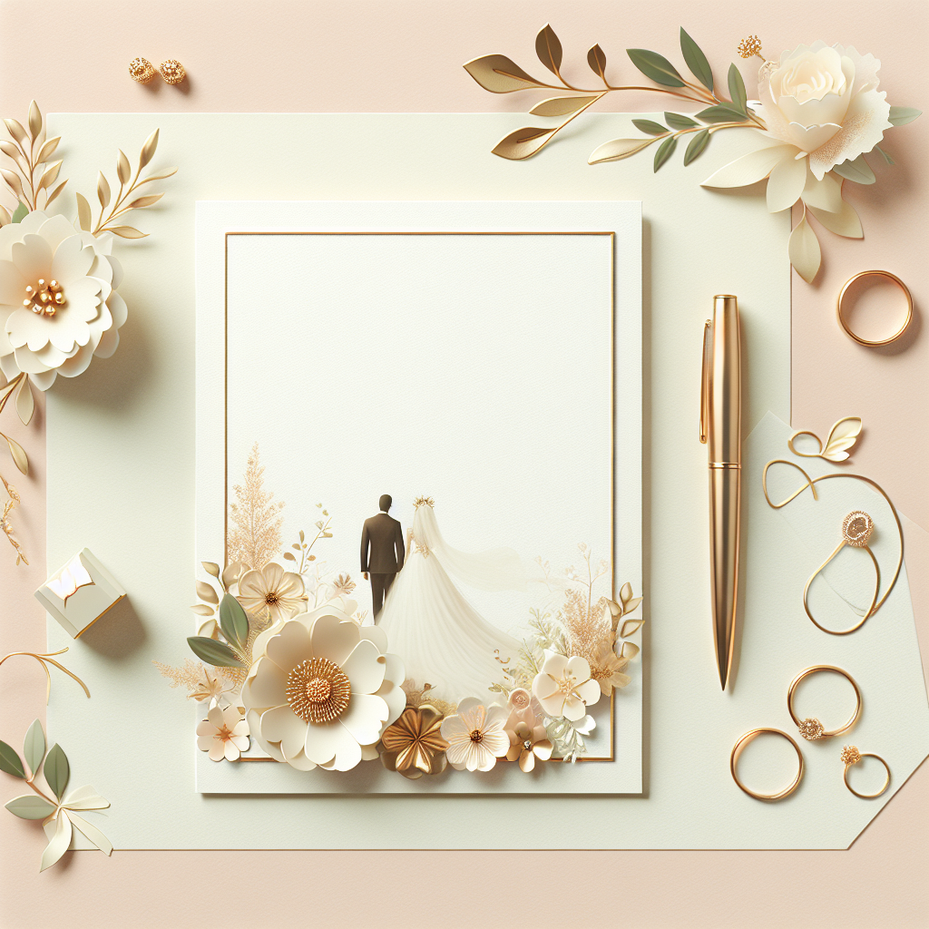 כרטיס ברכה מעוצב לחתונה מונח על רקע פסטלי עם אלמנטים פרחוניים, טבעות נישואין ועט, הממחישים ברכה מרגשת ומקורית לחתונה