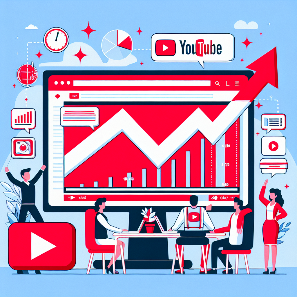 לוח בקרה של ערוץ יוטיוב עם גרפים מדגימים עלייה בצפיות ואייקונים של יוטיוב, המסמל קניית צפיות אמיתיות ביוטיוב שמזניקה את הערוץ
