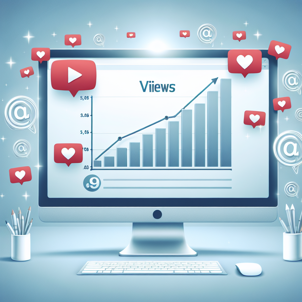 גרף עלייה בצפיות ביוטיוב על מסך מחשב מודרני, לצד אייקונים של לייקים ותגובות, המדגימים קניית צפיות אמיתיות ביוטיוב לצורך הגדלת חשיפה וקידום ערוץ.