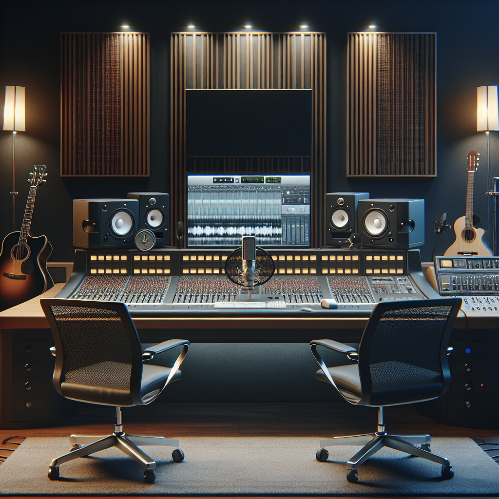 אולפן הקלטות מקצועי עם קונסולת מיקס, מיקרופון וציוד אודיו מתקדם – סביבה אידיאלית להצלחת הקלטות שירים, אלבומים או פודקאסטים