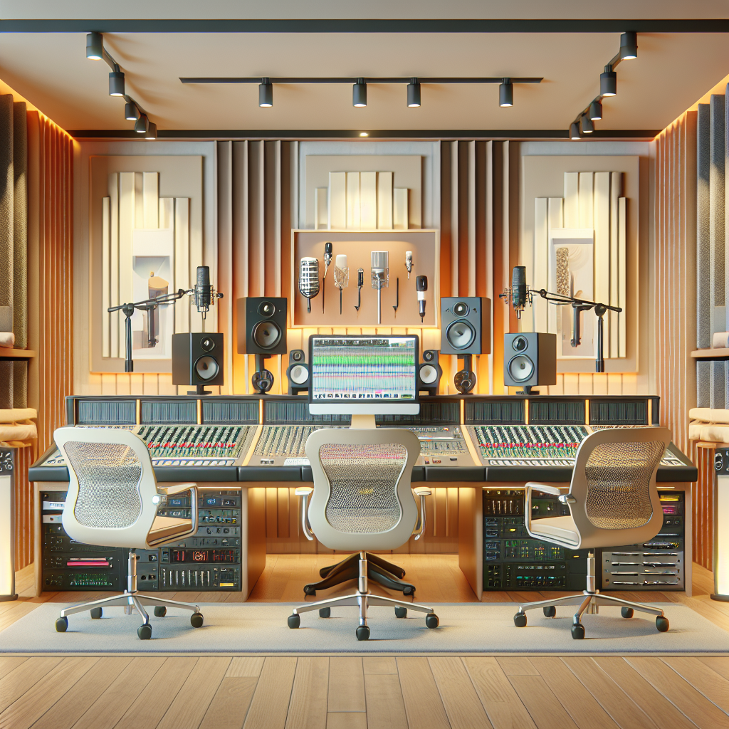 אולפן הקלטות מודרני עם ציוד מקצועי, מיקרופונים, קונסולת מיקס וחלל מעוצב, הממחיש סביבה מושלמת לבחירת אולפן הקלטות מתאים