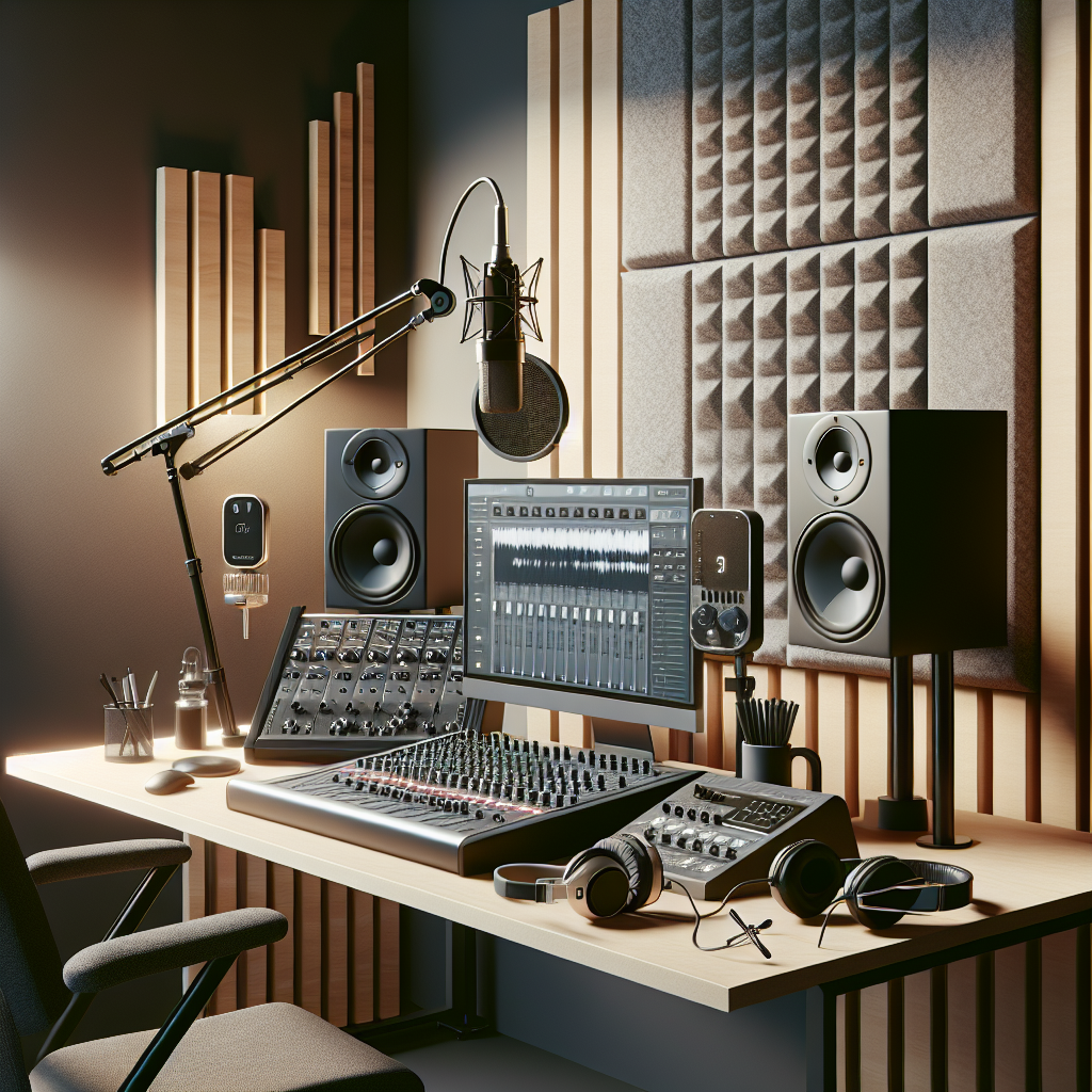 תצוגה של שולחן עבודה באולפן הקלטות מקצועי עם ציוד אודיו מתקדם, מיקסר, מיקרופונים, אוזניות ורקע אקוסטי – משדר אווירת חדשנות ומקצועיות. מתאים למאמר בנושא טיפים לבחירת אולפן הקלטות.