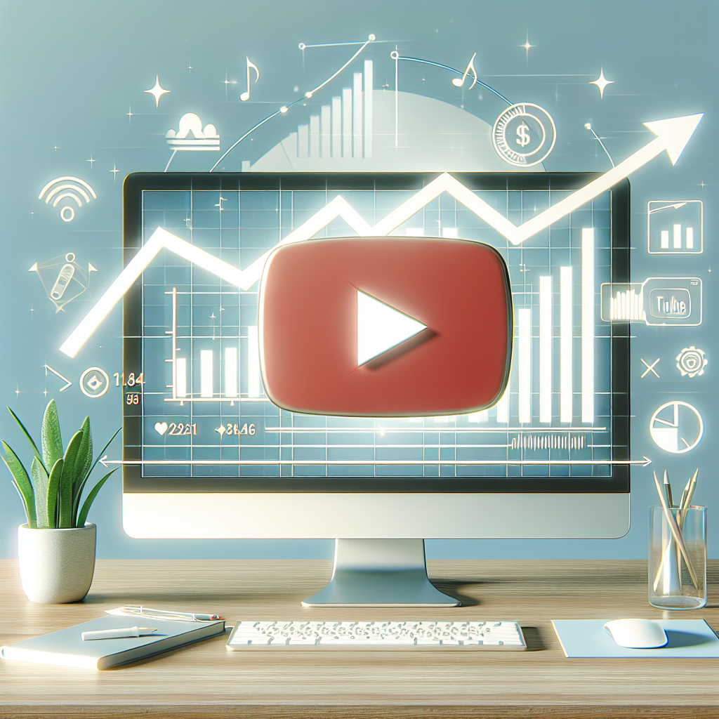 איור מסך מחשב עם לוגו יוטיוב וגרף סטטיסטי, המדגיש עלייה בכמות צפיות אמיתיות ביוטיוב לטובת קידום ערוץ