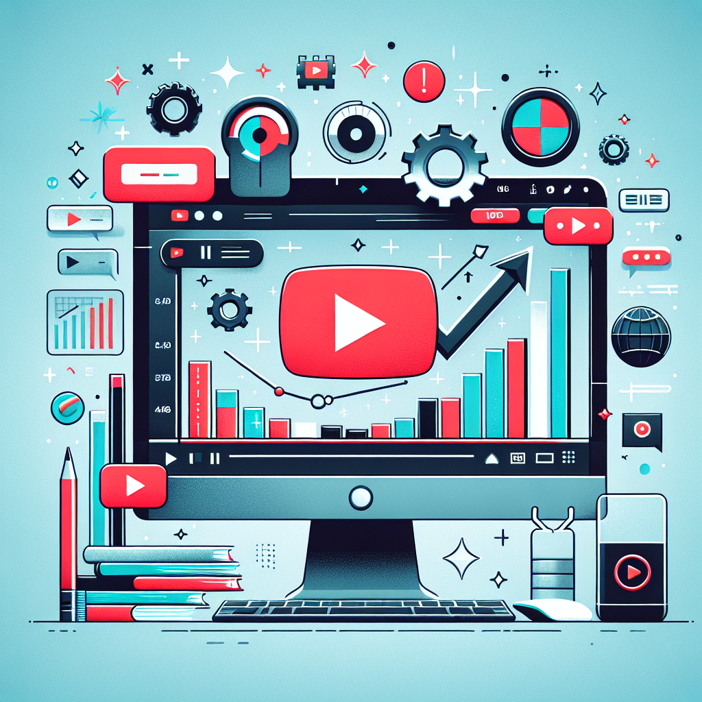 איור של מסך מחשב המציג גרף צפיות עולה בממשק יוטיוב, עם אייקון יוטיוב מודגש ואלמנטים המסמלים הצלחה וגדילה – מתאים למאמר על קניית צפיות אמיתיות ביוטיוב