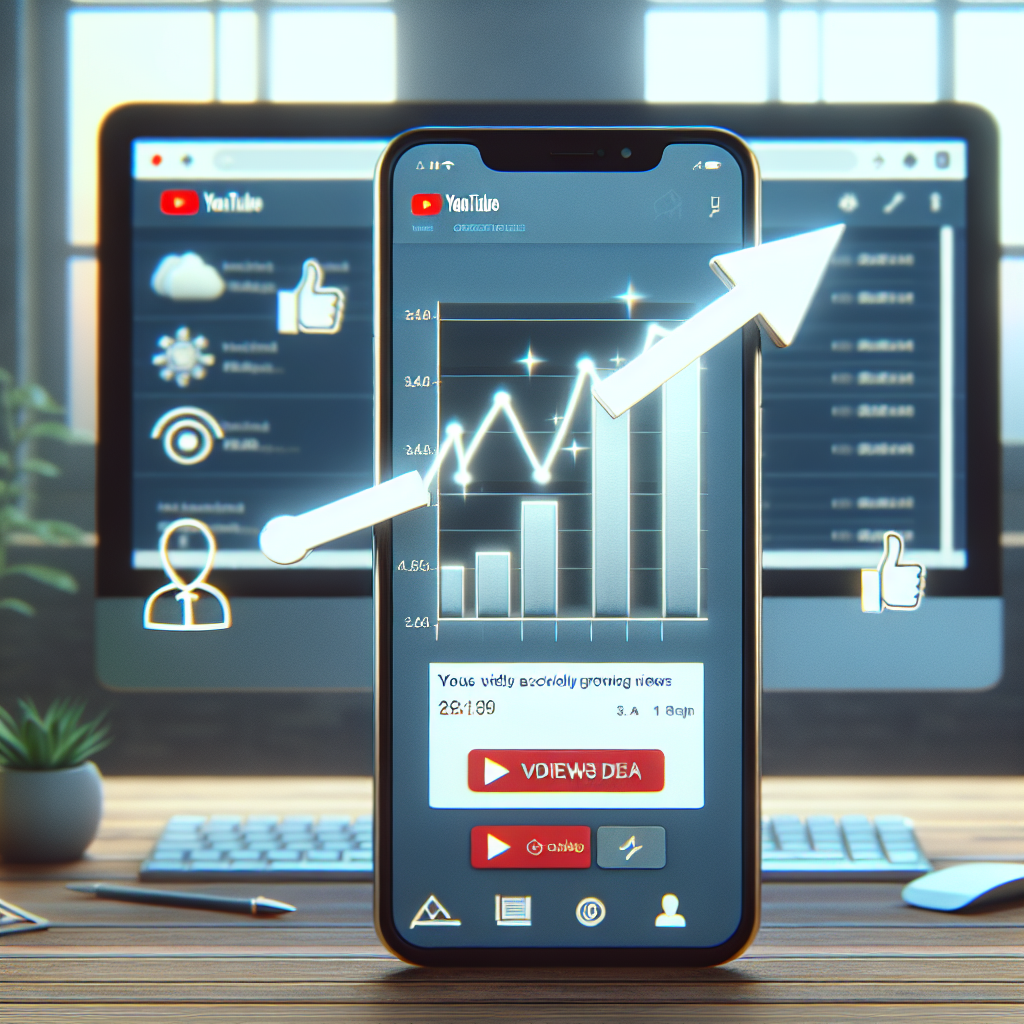 איור של ממשק יוטיוב המציג גרף עלייה במספר הצפיות, עם סמלים של עוקבים והצלחה דיגיטלית, להמחשת נושא קניית צפיות אמיתיות ביוטיוב ושיפור קידום ערוץ.