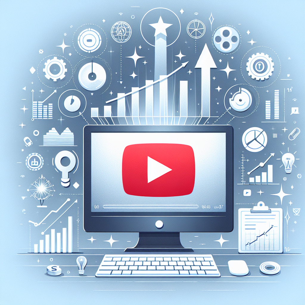 תמונה מודרנית של מסך מחשב עם לוגו יוטיוב ומונה צפיות עולה, עם אייקונים של צמיחה והצלחה דיגיטלית. מתאימה למאמר על קניית צפיות אמיתיות ביוטיוב.