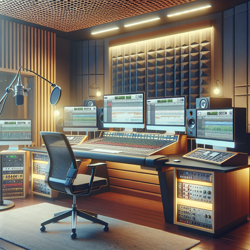 אולפן הקלטות מקצועי ומאובזר עם ציוד מתקדם כמו קונסולה, מיקרופונים ותוכנות הקלטה, המתאים להפקת מוזיקה איכותית