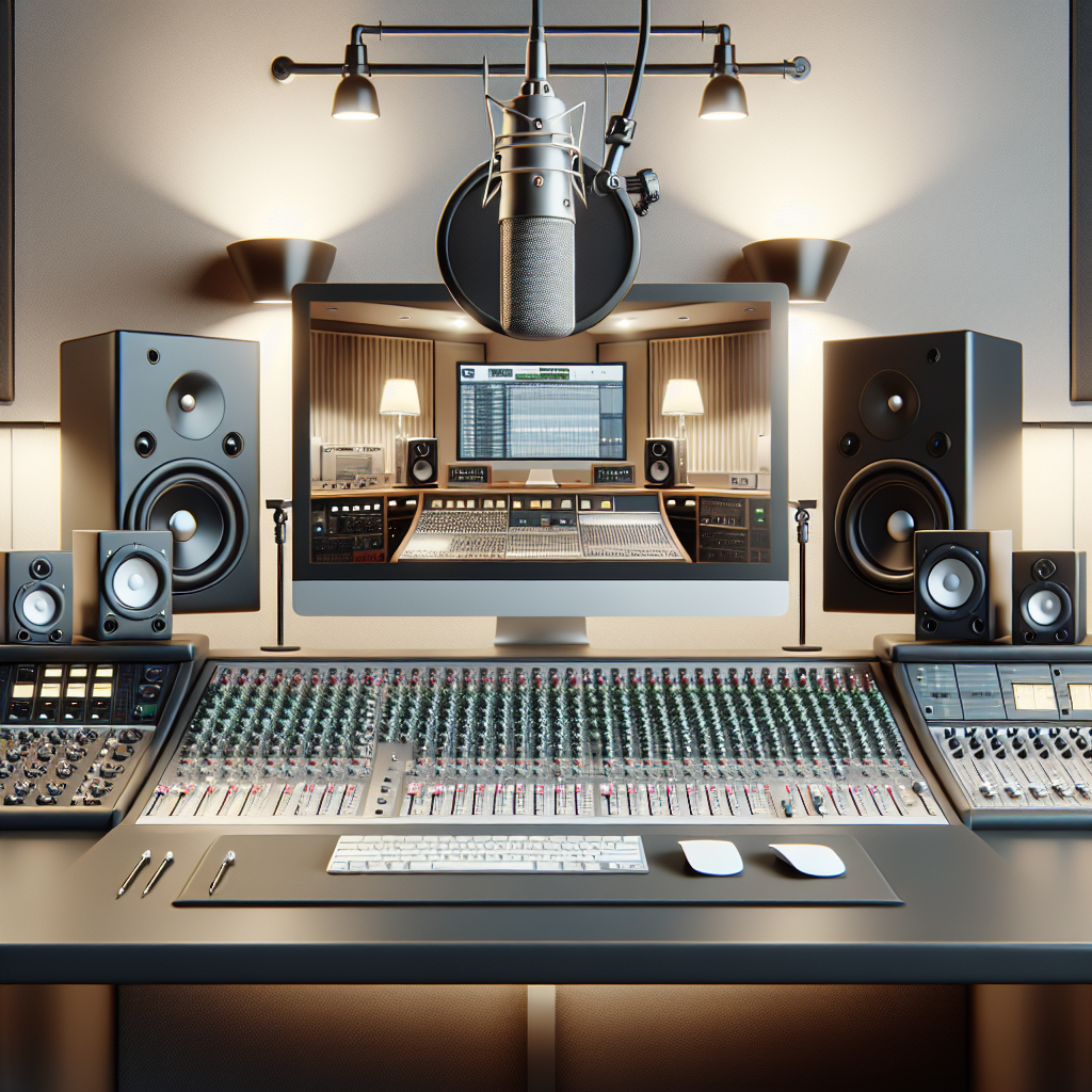 אולפן הקלטות מקצועי ומודרני עם ציוד מתקדם כמו מיקרופונים, מסכי מוניטור וקונסולת מיקס, הממחיש את חשיבות הסאונד האיכותי להצלחת השיר