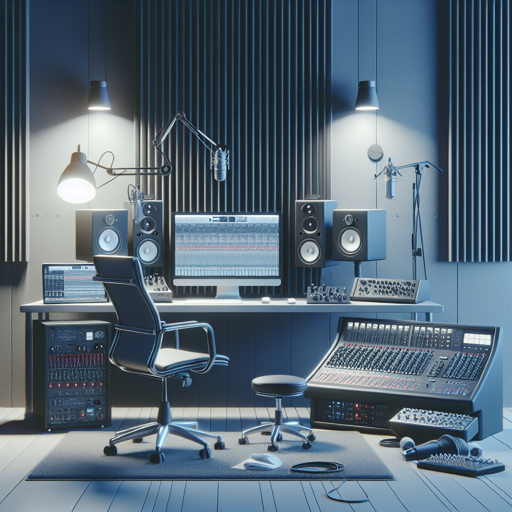 אולפן הקלטות מקצועי ומודרני עם ציוד הקלטה מתקדם, כולל מיקרופונים, מקסר וחדר אקוסטי – מתאים למאמר על בחירת אולפן הקלטות לאמנים מתחילים.