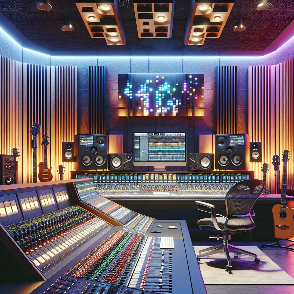 אולפן הקלטות מודרני עם ציוד סאונד מתקדם, מיקסרים, כלי נגינה ותאורת LED צבעונית, משקף את היתרונות והחדשנות של אולפני הקלטות בשנת 2024