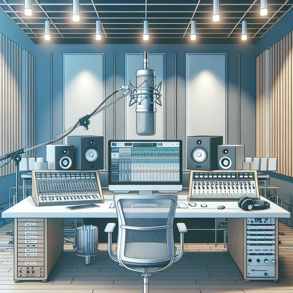 אולפן הקלטות מקצועי בישראל עם ציוד מתקדם, מיקרופון ומכשירי סאונד על רקע מודרני – המחשה לנושא בחירת אולפני הקלטות איכותיים.