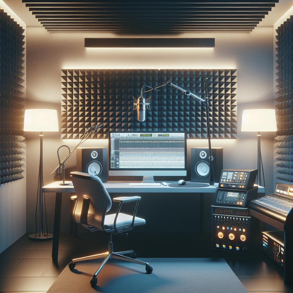 אולפן הקלטות מודרני עם מיקרופון מקצועי, קונסולת סאונד ומחשבים – תצוגה המדגישה את הציוד הדרוש להפקה איכותית ובחירה נכונה של אולפני הקלטות