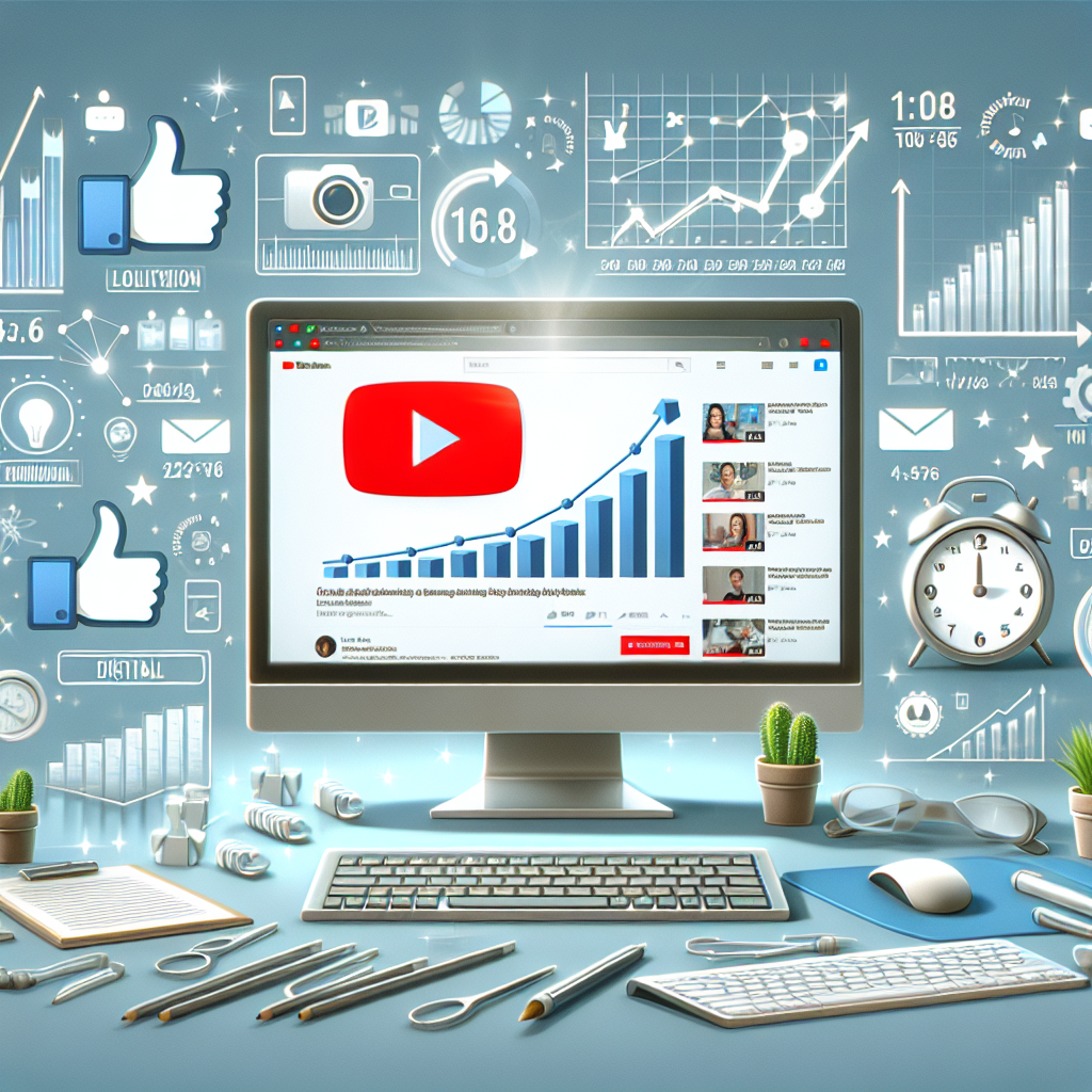 מסך מחשב מציג דף יוטיוב עם הרבה לייקים, גרף סטטיסטי חיובי וסמלי מדיה חברתית, הממחישים את נושא קניית לייקים ביוטיוב והשפעתם על מעורבות וחשיפה בערוץ.