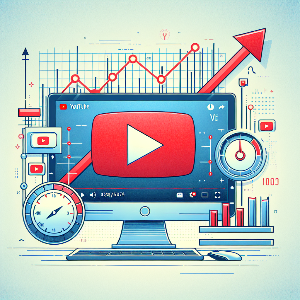 גרף עלייה במספר צפיות ביוטיוב לצד סמל יוטיוב ומדדי צפיות, ממחיש קניית צפיות אמיתיות ביוטיוב והשפעה על הערוץ