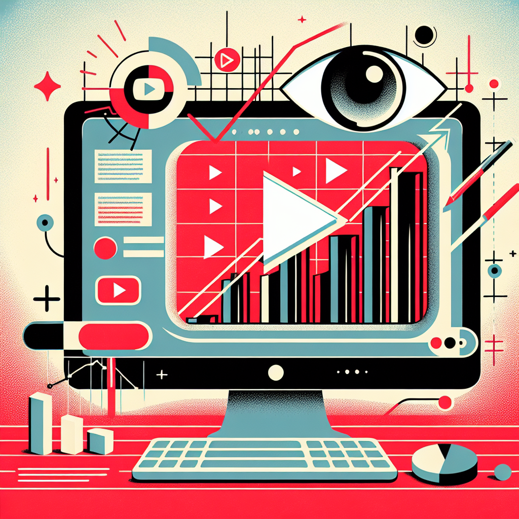 איור של מסך עם לוגו YouTube, גרף של צפיות עולות וסמל עין, הממחישים קניית צפיות אמיתיות ביוטיוב. עיצוב מודרני מתאים למאמר על הגדלת צפיות והצלחה בערוץ יוטיוב.