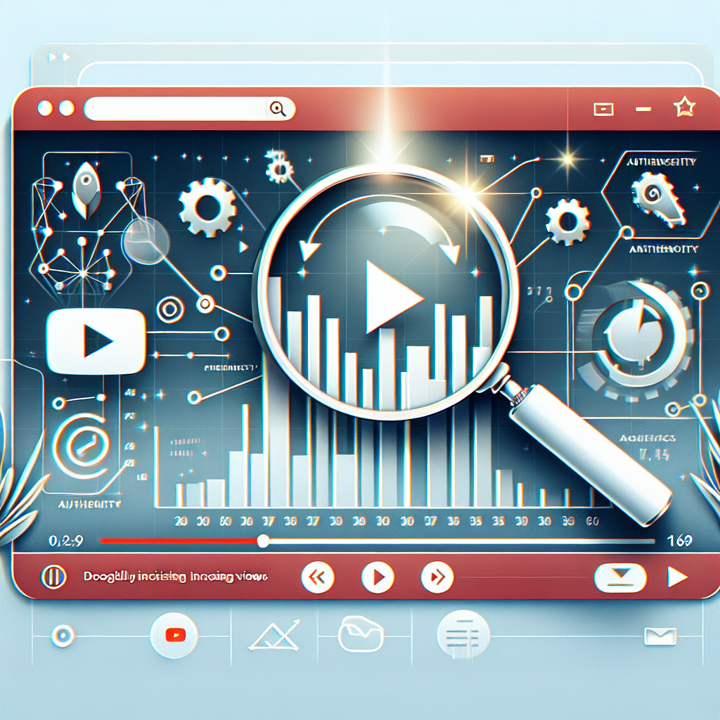 איור דיגיטלי מקצועי של נגן וידאו ביוטיוב עם מונה צפיות, זכוכית מגדלת המסמלת בדיקה, ואייקונים של גדילה ואותנטיות, המסביר ויזואלית את נושא קניית צפיות אמיתיות ביוטיוב