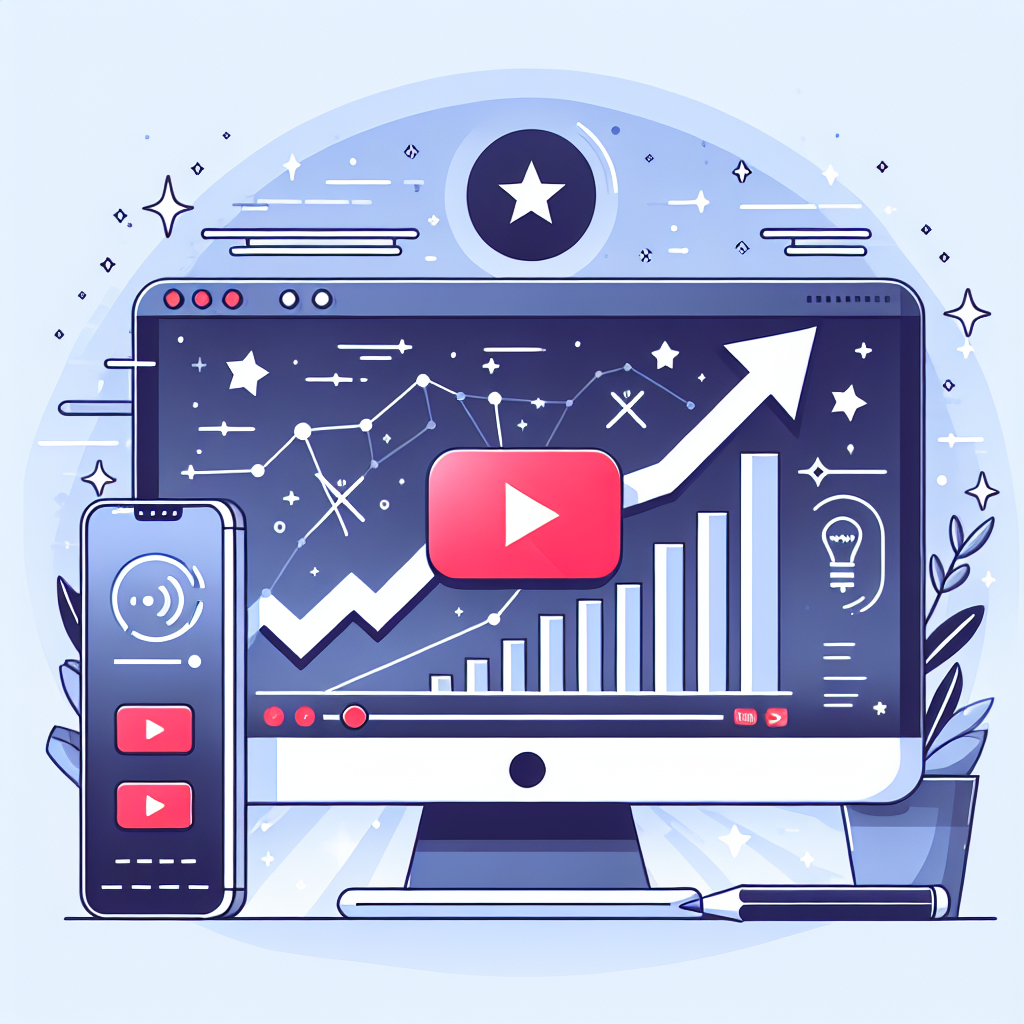 מסך מחשב המציג את ממשק יוטיוב וגרף צפיות עולה, לצד סמל יוטיוב. התמונה מייצגת קניית צפיות אמיתיות ביוטיוב והצלחה מהירה בסרטונים, ללא אנשים ברקע, לעיצוב מודרני ומקצועי.