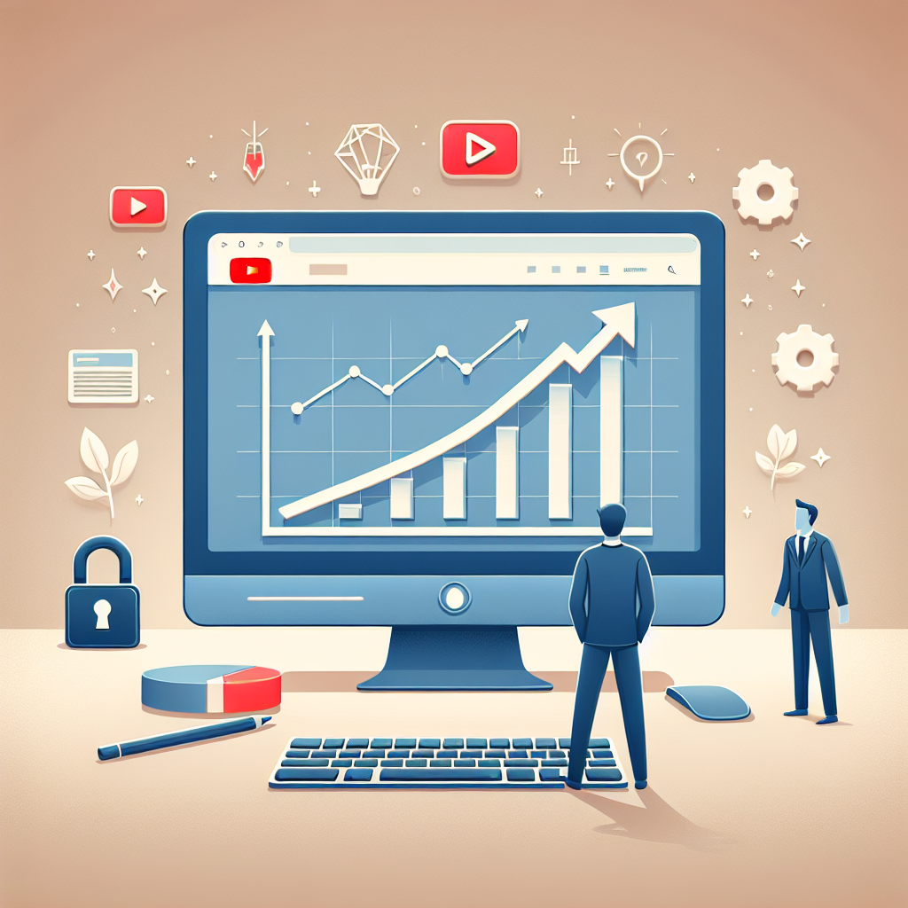 מסך מחשב שמציג סרטון יוטיוב עם מדד צפיות אמיתיות צומח, סמלי גרף וחיצים שממחישים עלייה בחשיפה — המחשה לקניית צפיות ביוטיוב לצורך מיתוג והצלחה