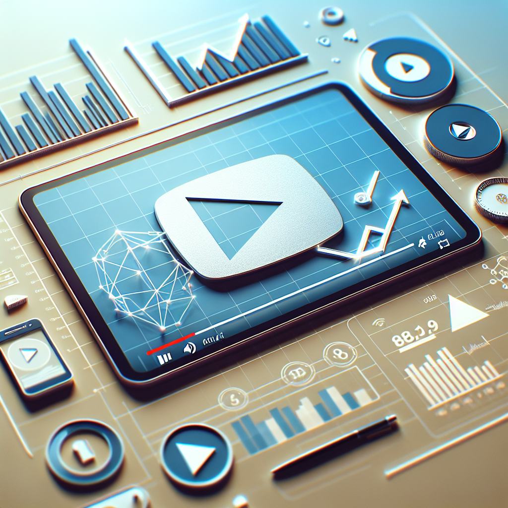 לוגו יוטיוב על רקע דיגיטלי מודרני עם אלמנטים גרפיים של צפיות וספירת צפיות, סמלים של ניתוח נתונים וצמיחה – מתאים למאמר על קניית צפיות ביוטיוב והסיכונים שבכך