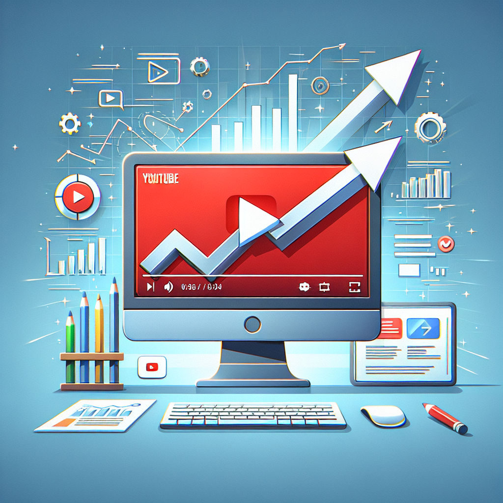 איור של מסך מחשב עם ממשק יוטיוב וספירת צפיות עולה, יחד עם גרפים וחצים שמסמלים גידול בצפיות ביוטיוב