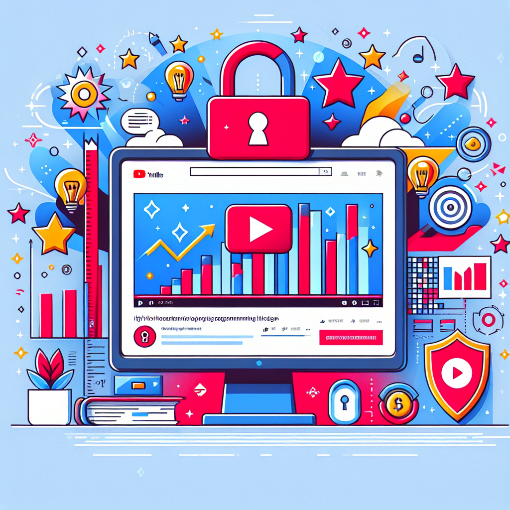 מסך מחשב עם אתר יוטיוב פתוח, סרטון פופולרי וספירת צפיות גבוהה, לצד אייקונים של גרפים בעלייה ומנעול שמסמל בטיחות – משקף את נושא קניית צפיות ביוטיוב בצורה בטוחה
