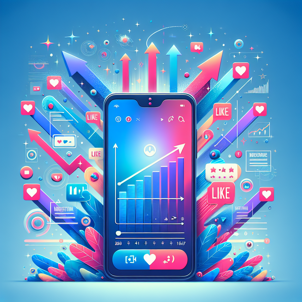 אילוסטרציה דיגיטלית של מסך סמארטפון עם אפליקציית יוטיוב פתוחה, בווידאו שמקבל הרבה לייקים וסמלי צמיחה דיגיטליים, המדגימה קניית לייקים ביוטיוב והגדלת חשיפה ואמינות.