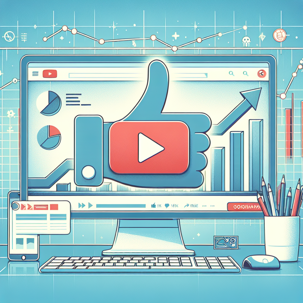 אייקון לייק בולט בממשק יוטיוב על מסך מחשב עם גרפים גדלים, הממחיש קניית לייקים ביוטיוב בצורה בטוחה ומקצועית