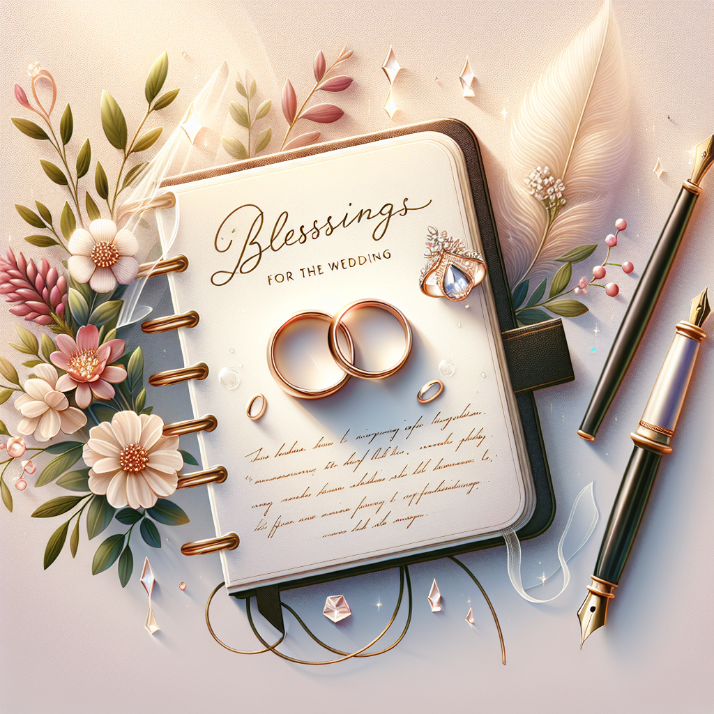 טבעות נישואין מונחות על פנקס עם הכיתוב 'ברכה לחתונה', עט ופרחים מתאימים ברקע, המשדרים אווירה חגיגית ומעוררת השראה