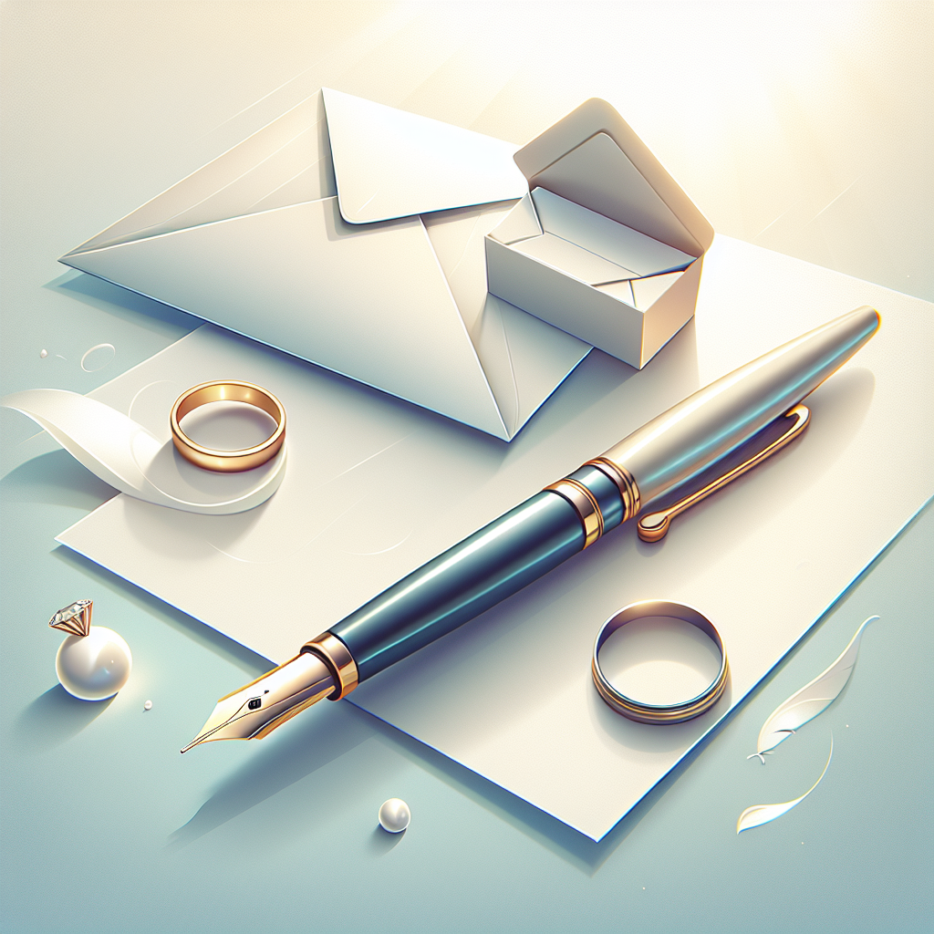 עט מזהב מונח על דף נייר לבן לצד טבעת נישואין ומעטפה פתוחה, הממחישים התחלת כתיבת ברכה לחתונה בסגנון מודרני ונקי