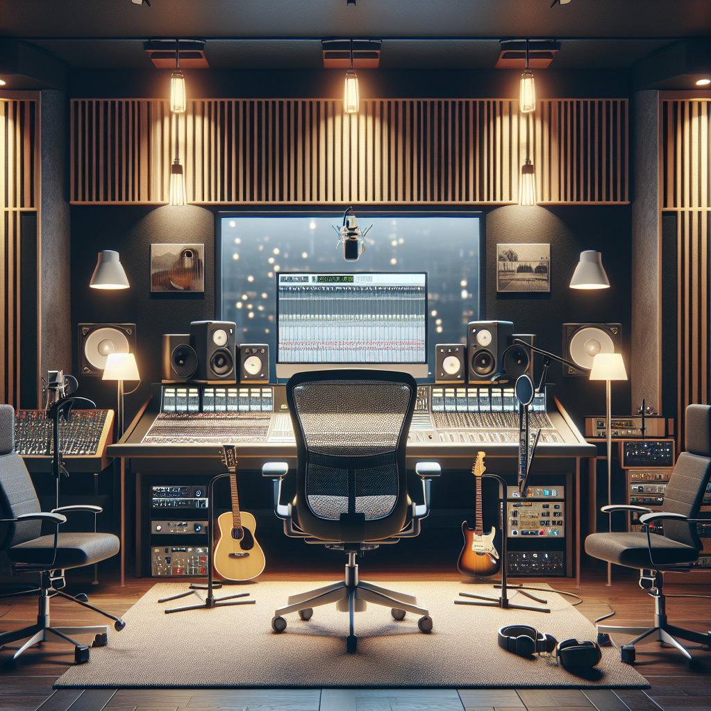 אולפן הקלטות מקצועי עם ציוד מתקדם, כולל מיקרופונים, קונסולה דיגיטלית וכלי נגינה, המשדר סביבת עבודה מוזיקלית מודרנית