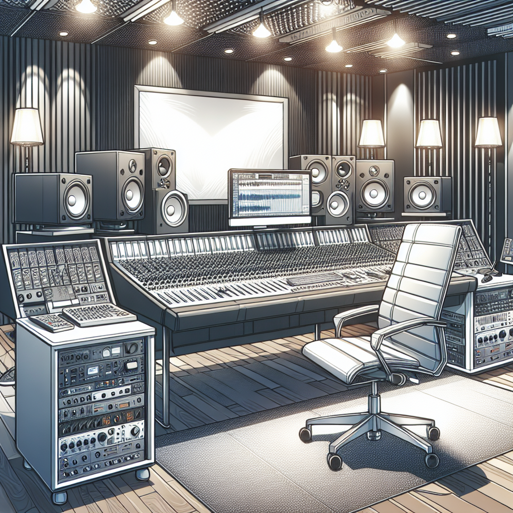 אולפן הקלטות מקצועי ומודרני עם ציוד מתקדם: קונסולת מיקסר, מיקרופונים, רמקולים ומסכים, מתאים למדריך לבחירת אולפן הקלטות איכותי