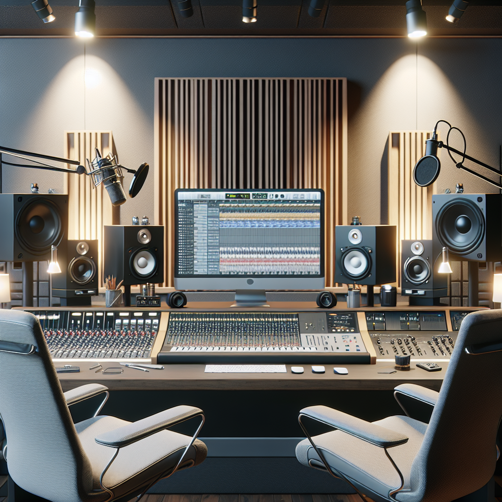 אולפן הקלטות מקצועי עם קונסולת סאונד, מיקרופונים, רמקולים ומסכי מחשב המציגים תוכנת עריכת מוזיקה – מבט מקצועי על ציוד אולפן איכותי
