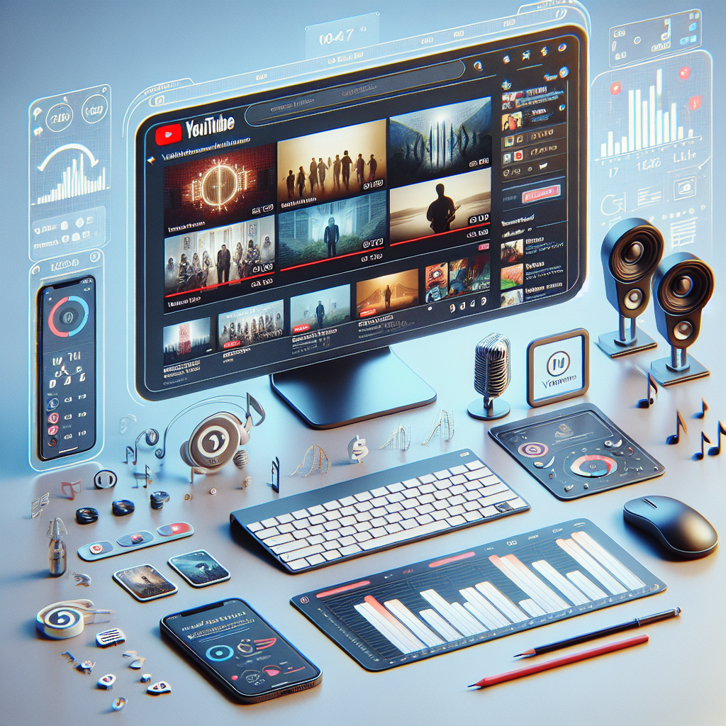 מסך דיגיטלי המציג קטעי וידאו של שירים ביוטיוב עם גרף צפיות ואייקוני מוזיקה, המדגיש קידום זמרים ביוטיוב