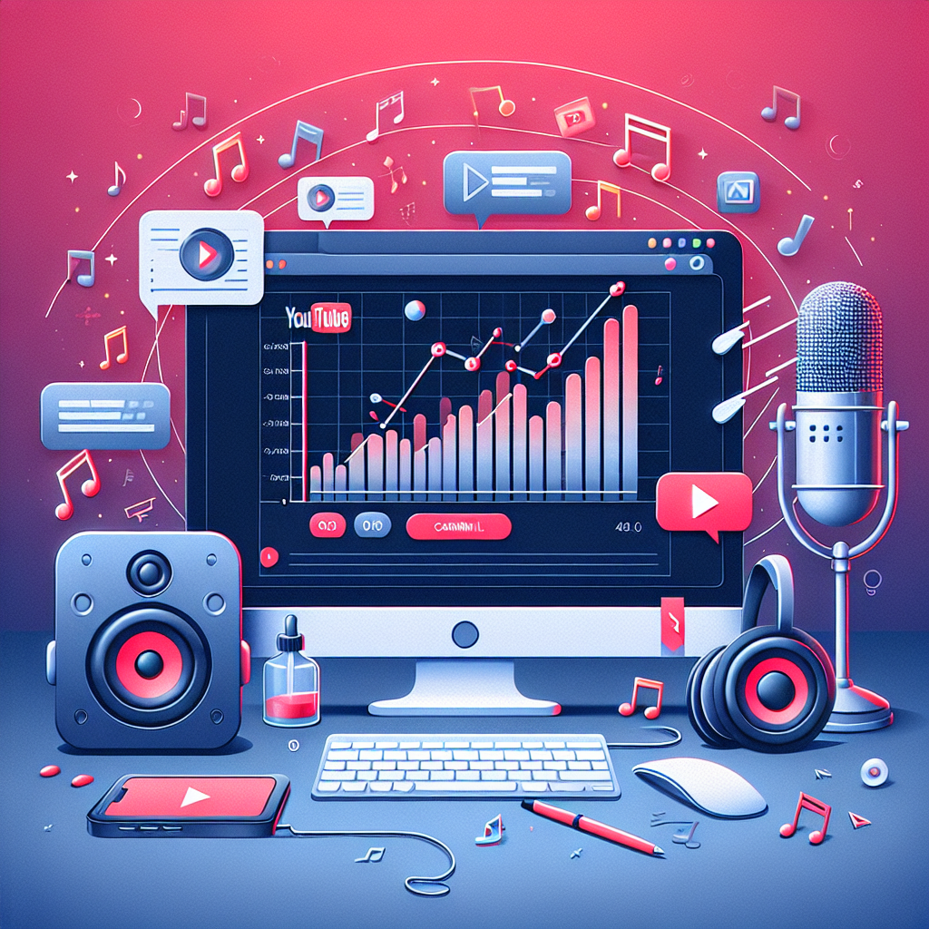 מסך מחשב עם דף יוטיוב פתוח, גרף יורד, תווים מוזיקליים, סמל התראת שגיאה ומיקרופון – המחישים טעויות נפוצות בקידום זמרים ביוטיוב