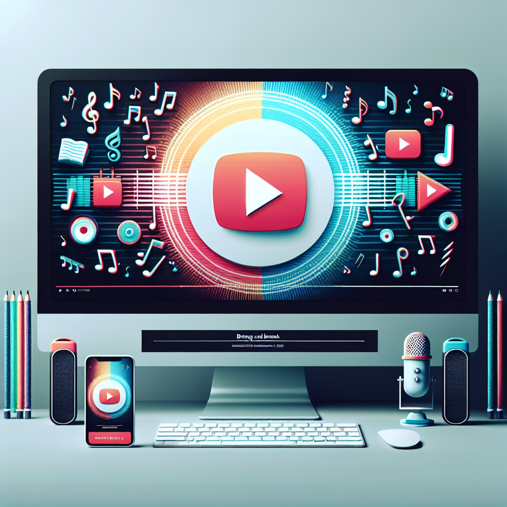 צילום מסך מודרני של ממשק יוטיוב במחשב ובנייד, מוקפים באייקונים מוזיקליים כגון מיקרופון, תווי מוזיקה וגלי קול, הממחישים פרסום זמרים ביוטיוב ושיווק קידום מוזיקלי דיגיטלי