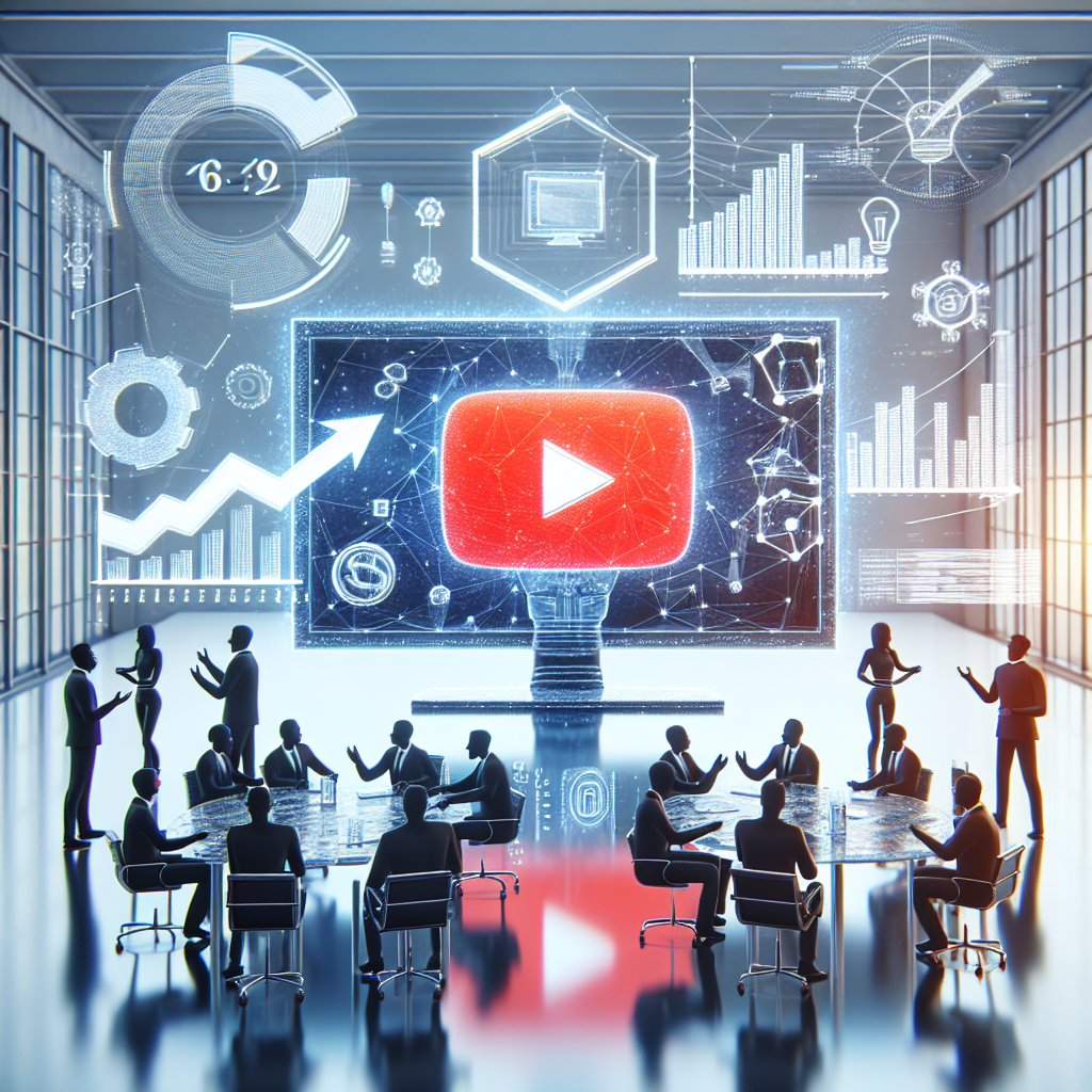 איור דיגיטלי של לוגו יוטיוב מוצג על מסך מחשב עם גרפים ודיאגרמות שממחישים עלייה בצפיות ושדרוג ערוץ יוטיוב, ללא אנשים – רק אלמנטים טכנולוגיים ומקצועיים